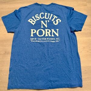 Biscuits N Porn Outer Banks NC Funny Blue Graphic T Shirt Delta Pro Weight Sz L